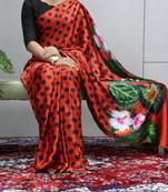 Red polka dot prints  heavy japan satin saree with unstitched blouse