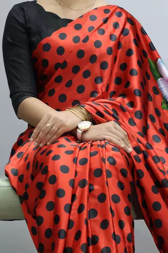 Red polka dot prints  heavy japan satin saree with unstitched blouse