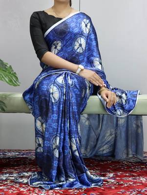 Royal-blue printed heavy japan satin saree with unstitched blouse 2