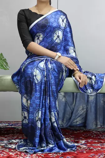 Royal-blue printed heavy japan satin saree with unstitched blouse