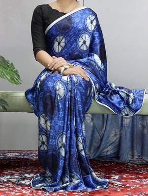 Royal-blue printed heavy japan satin saree with unstitched blouse 1
