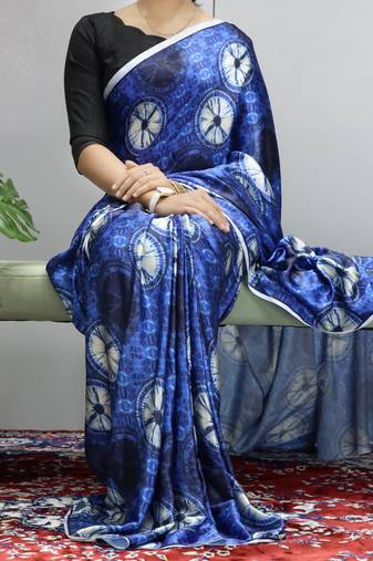 Royal-blue printed heavy japan satin saree with unstitched blouse