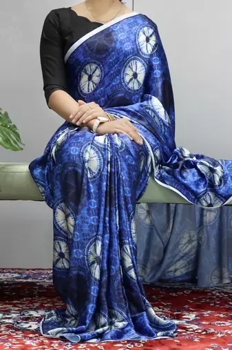 Royal-blue printed heavy japan satin saree with unstitched blouse
