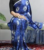 Royal-blue printed heavy japan satin saree with unstitched blouse