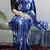 Royal-blue printed heavy japan satin saree with unstitched blouse