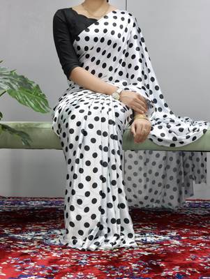 Black & white polka dot prints  heavy japan satin saree with unstitched blouse 1