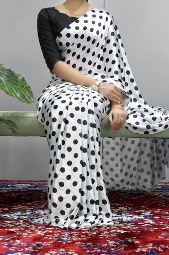 Black & white polka dot prints  heavy japan satin saree with unstitched blouse