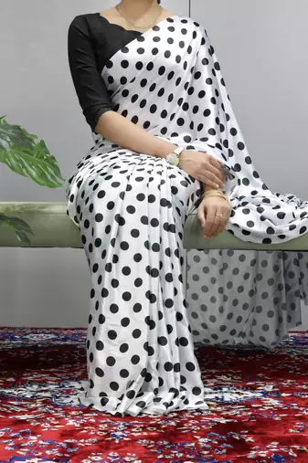 Black & white polka dot prints  heavy japan satin saree with unstitched blouse