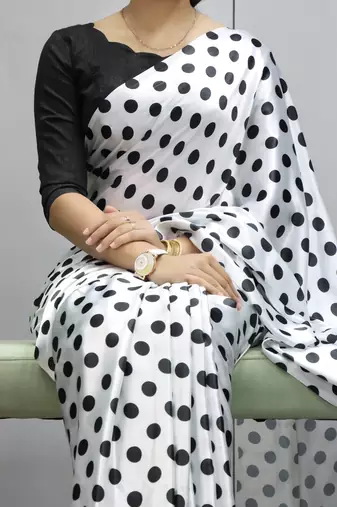 Black & white polka dot prints  heavy japan satin saree with unstitched blouse