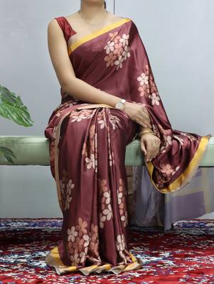 Maroon  floral prints  heavy japan satin saree with unstitched blouse 2