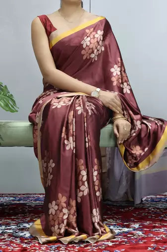 Maroon  floral prints  heavy japan satin saree with unstitched blouse