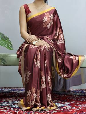 Maroon  floral prints  heavy japan satin saree with unstitched blouse 1
