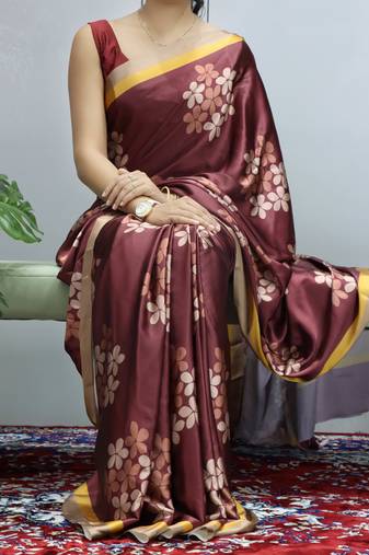 Maroon  floral prints  heavy japan satin saree with unstitched blouse