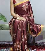 Maroon  floral prints  heavy japan satin saree with unstitched blouse
