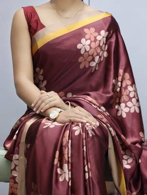 Maroon  floral prints  heavy japan satin saree with unstitched blouse 3