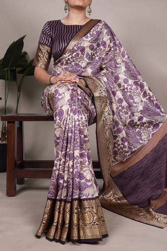 Raw Beauty Meets Soft Shine Tasar Silk Blend Saree with Printed Detail & Viscose Border