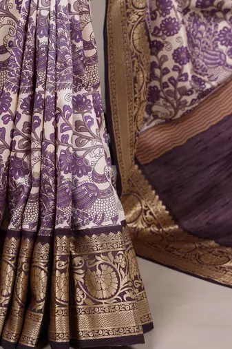 Raw Beauty Meets Soft Shine Tasar Silk Blend Saree with Printed Detail & Viscose Border