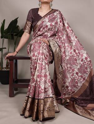 Raw Beauty Meets Soft Shine Tussar Silk Blend Saree with Printed Detail & Viscose Border 1