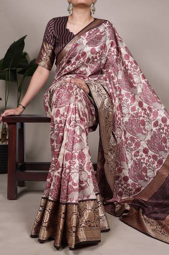 Raw Beauty Meets Soft Shine Tussar Silk Blend Saree with Printed Detail & Viscose Border