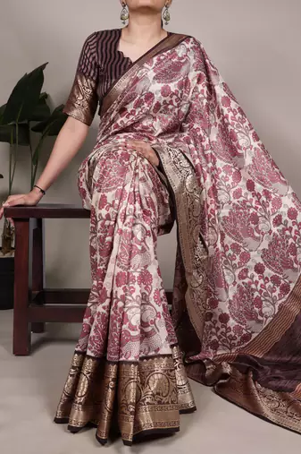 Raw Beauty Meets Soft Shine Tussar Silk Blend Saree with Printed Detail & Viscose Border