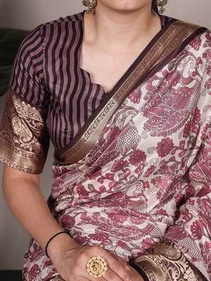 Raw Beauty Meets Soft Shine Tussar Silk Blend Saree with Printed Detail & Viscose Border 2