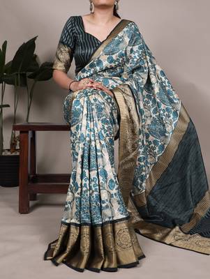 Raw Beauty Meets Soft Shine Tussar Silk Blend Saree with Printed Detail & Viscose Border 1