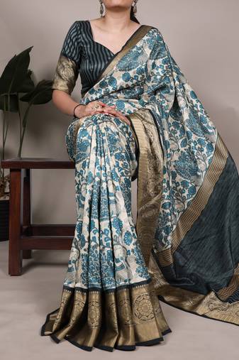 Raw Beauty Meets Soft Shine Tussar Silk Blend Saree with Printed Detail & Viscose Border