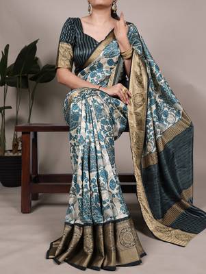 Raw Beauty Meets Soft Shine Tussar Silk Blend Saree with Printed Detail & Viscose Border 4