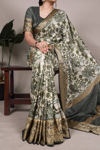 Raw Beauty Meets Soft Shine Tussar Silk Blend Saree with Printed Detail & Viscose Border