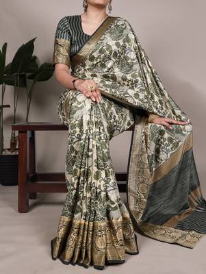 Raw Beauty Meets Soft Shine Tussar Silk Blend Saree with Printed Detail & Viscose Border 5