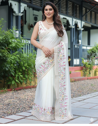 white floral embroidered cotton saree with blouse 1