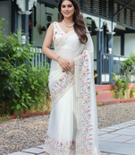 white floral embroidered cotton saree with blouse
