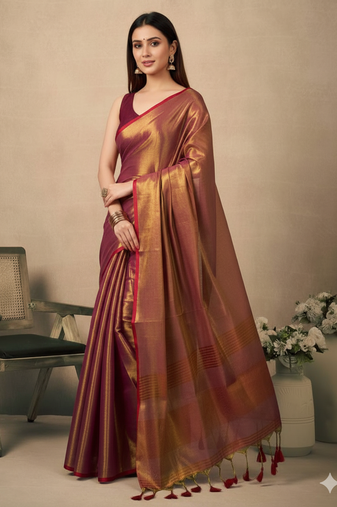 Margenta contrast weave pallu tissue silk Blend saree with lining blouse