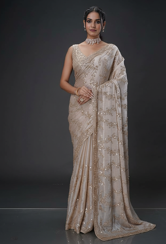 Gold beads tissue organza saree