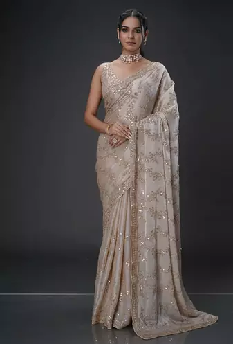 Gold beads tissue organza saree