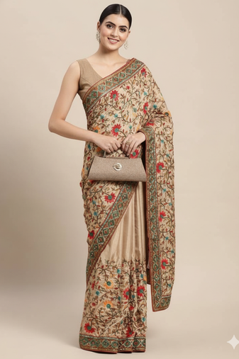 Art silk saree with kashmiri work with embroidered border with blouse