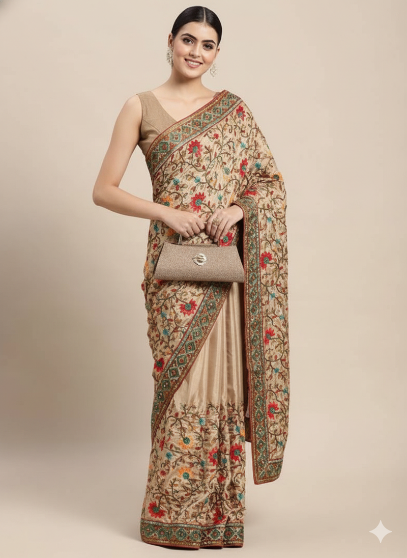 Art silk saree with kashmiri work with embroidered border with blouse