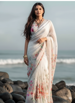 White floral digital printed saree with blouse 1