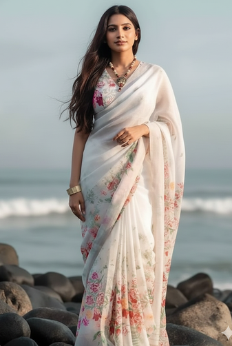 White floral digital printed saree with blouse