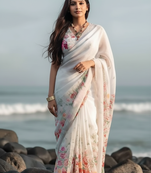 White floral digital printed saree with blouse