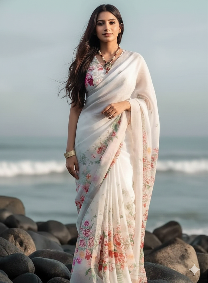 White floral digital printed saree with blouse
