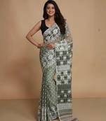 cotton silk dhakai jamdani saree deep green