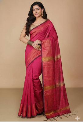 Pink Zari Border Checked Cotton zori Blend Saree  1