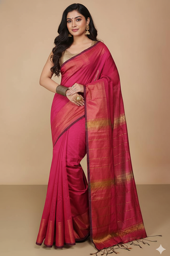 Pink Zari Border Checked Cotton zori Blend Saree 