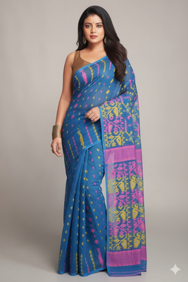 sky blue cotton silk dhakai jamdani saree with contrast pallu 1