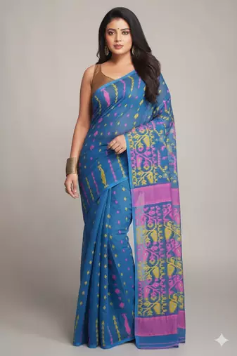 sky blue cotton silk dhakai jamdani saree with contrast pallu