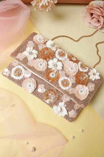 Anekaant Petal Posh Pink, Champagne & Ivory Floral Embellished Satin Sling Bag