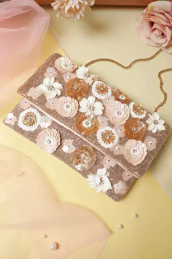 Petal Posh Pink, Champagne & Ivory Floral Embellished Satin Sling Bag