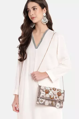 Petal Posh Pink, Champagne & Ivory Floral Embellished Satin Sling Bag