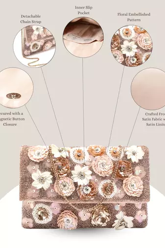 Petal Posh Pink, Champagne & Ivory Floral Embellished Satin Sling Bag